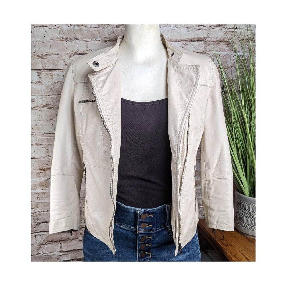 Zara Genuine Leather Cream -Beige Cropped Biker Moto Jacket -3/4 Sleeve Size S/M
